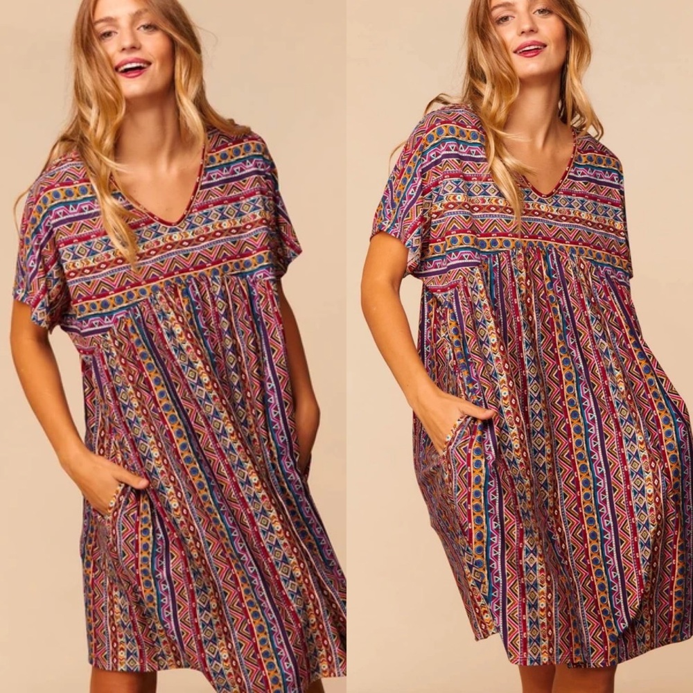 Aztec wine striped v neck multicolor shift dress
